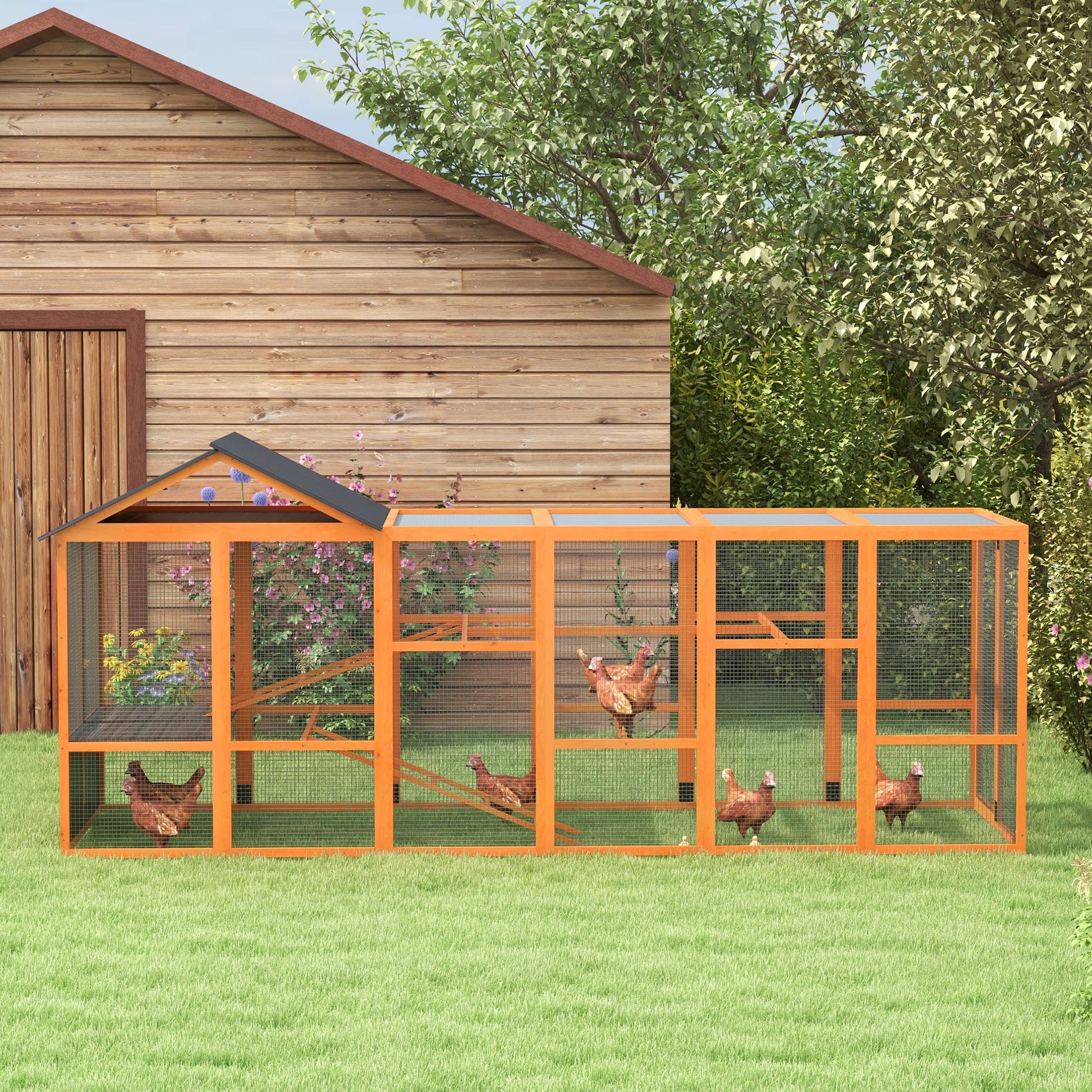 KFX-0981949 Wooden Chicken Coop Run for 6-10 Chickens with Storage, Perches & Ladders - 141.75"x48"x61", Orange