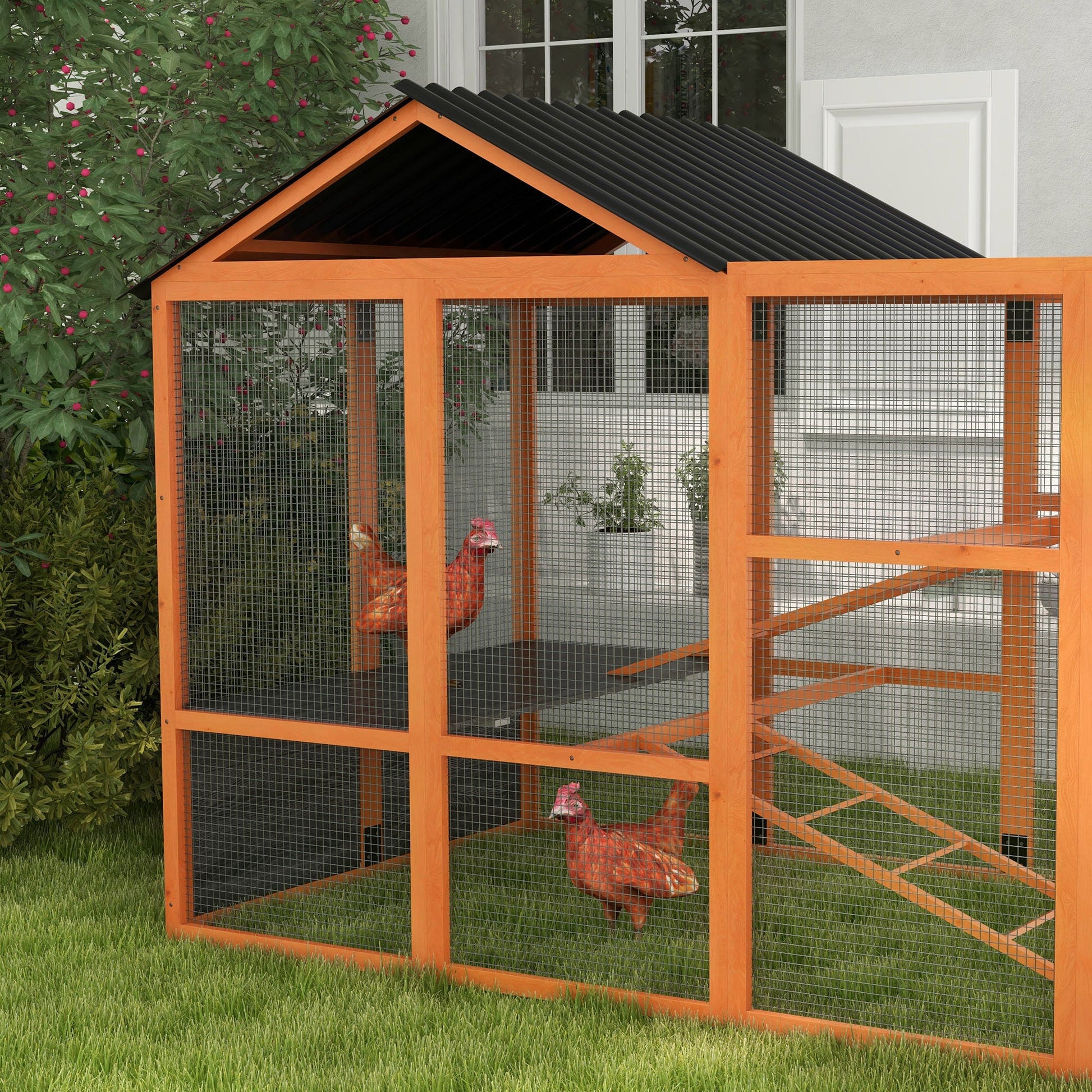 KFX-0981949 Wooden Chicken Coop Run for 6-10 Chickens with Storage, Perches & Ladders - 141.75"x48"x61", Orange