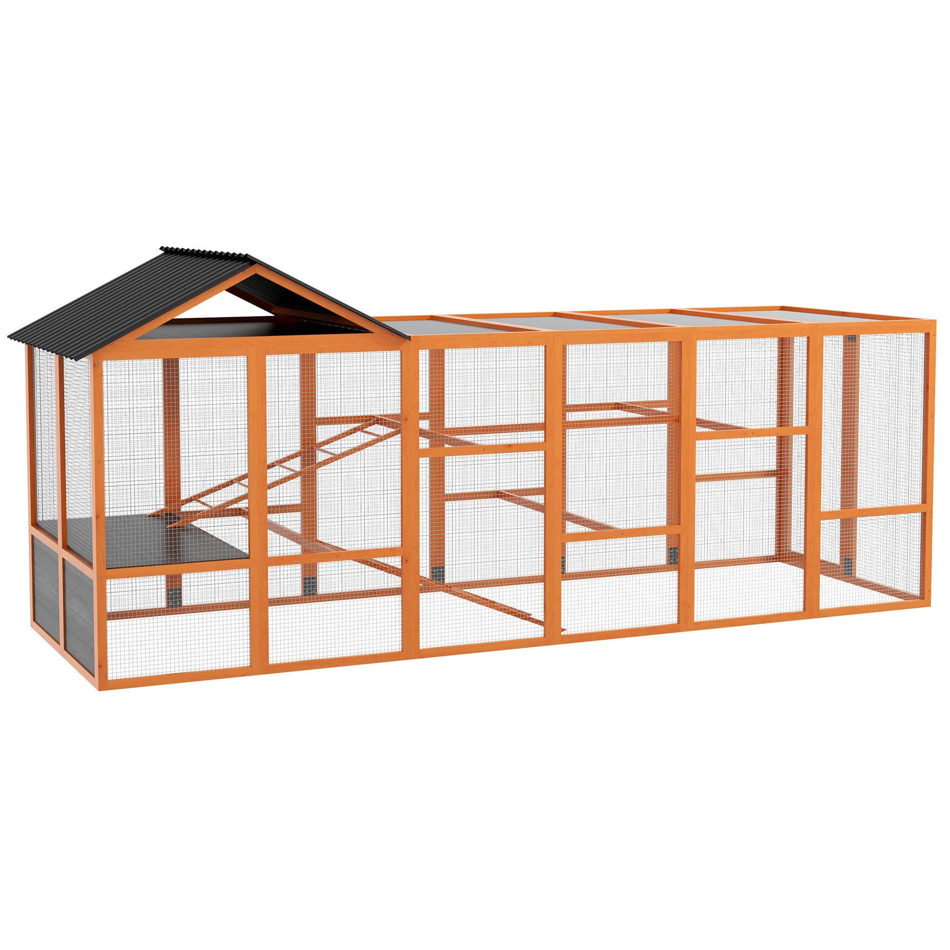 KFX-0981949 Wooden Chicken Coop Run for 6-10 Chickens with Storage, Perches & Ladders - 141.75"x48"x61", Orange