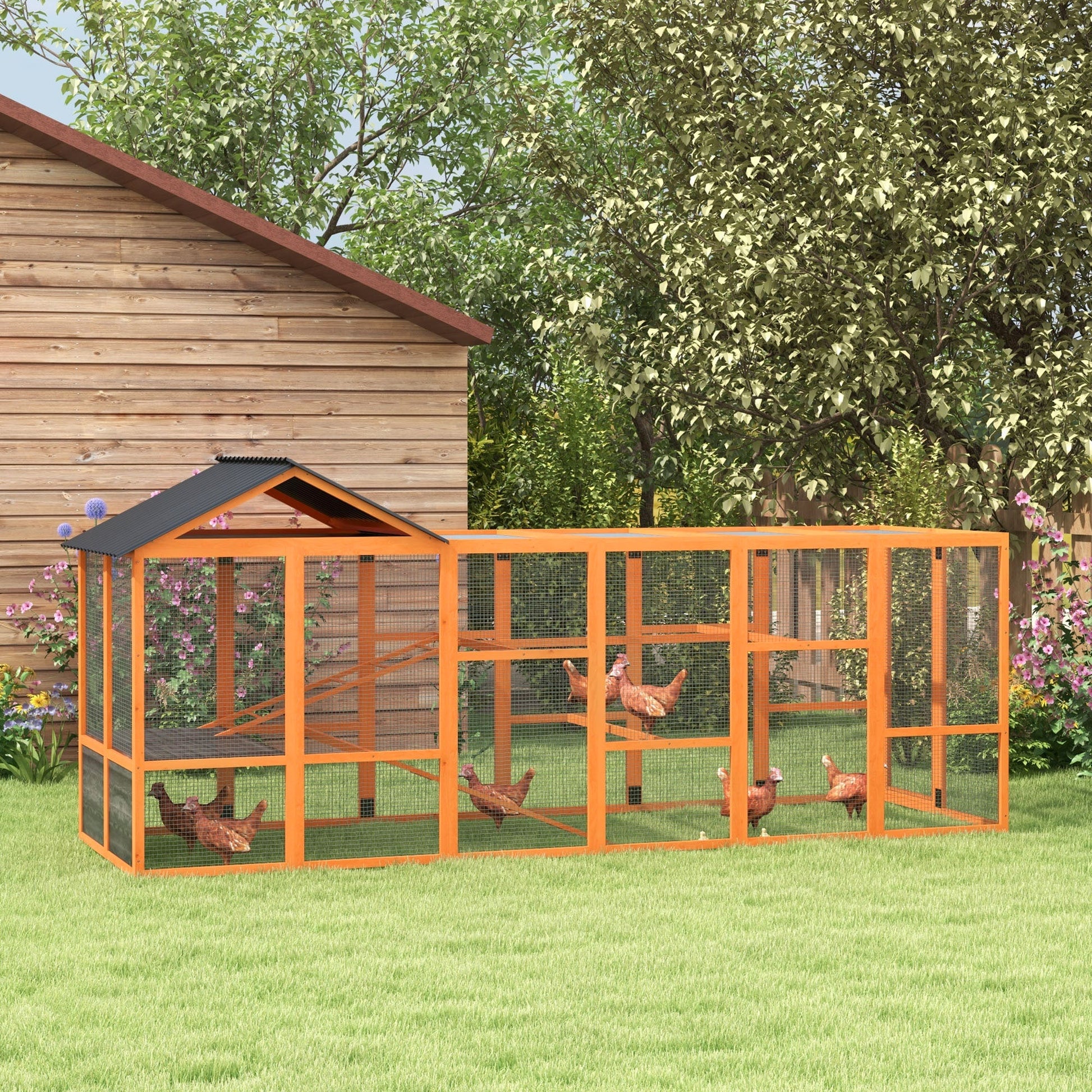 KFX-0981949 Wooden Chicken Coop Run for 6-10 Chickens with Storage, Perches & Ladders - 141.75"x48"x61", Orange