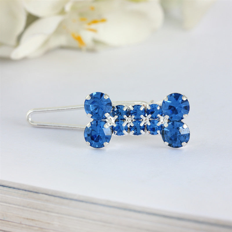 KFX-0989885 Rhinestone Dog Bone Barrettes in White, Pink, Blue, and Red - Stylish Pet Decoration Accessory