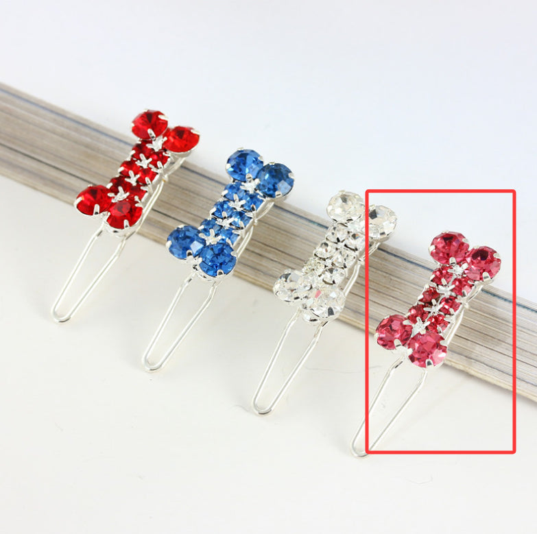 KFX-0989885 Rhinestone Dog Bone Barrettes in White, Pink, Blue, and Red - Stylish Pet Decoration Accessory