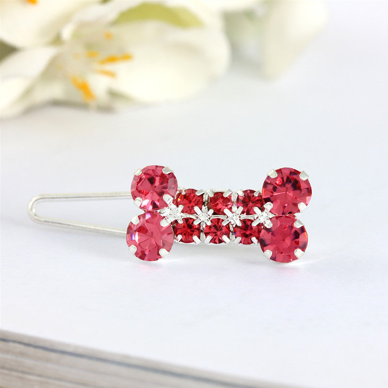 KFX-0989885 Rhinestone Dog Bone Barrettes in White, Pink, Blue, and Red - Stylish Pet Decoration Accessory