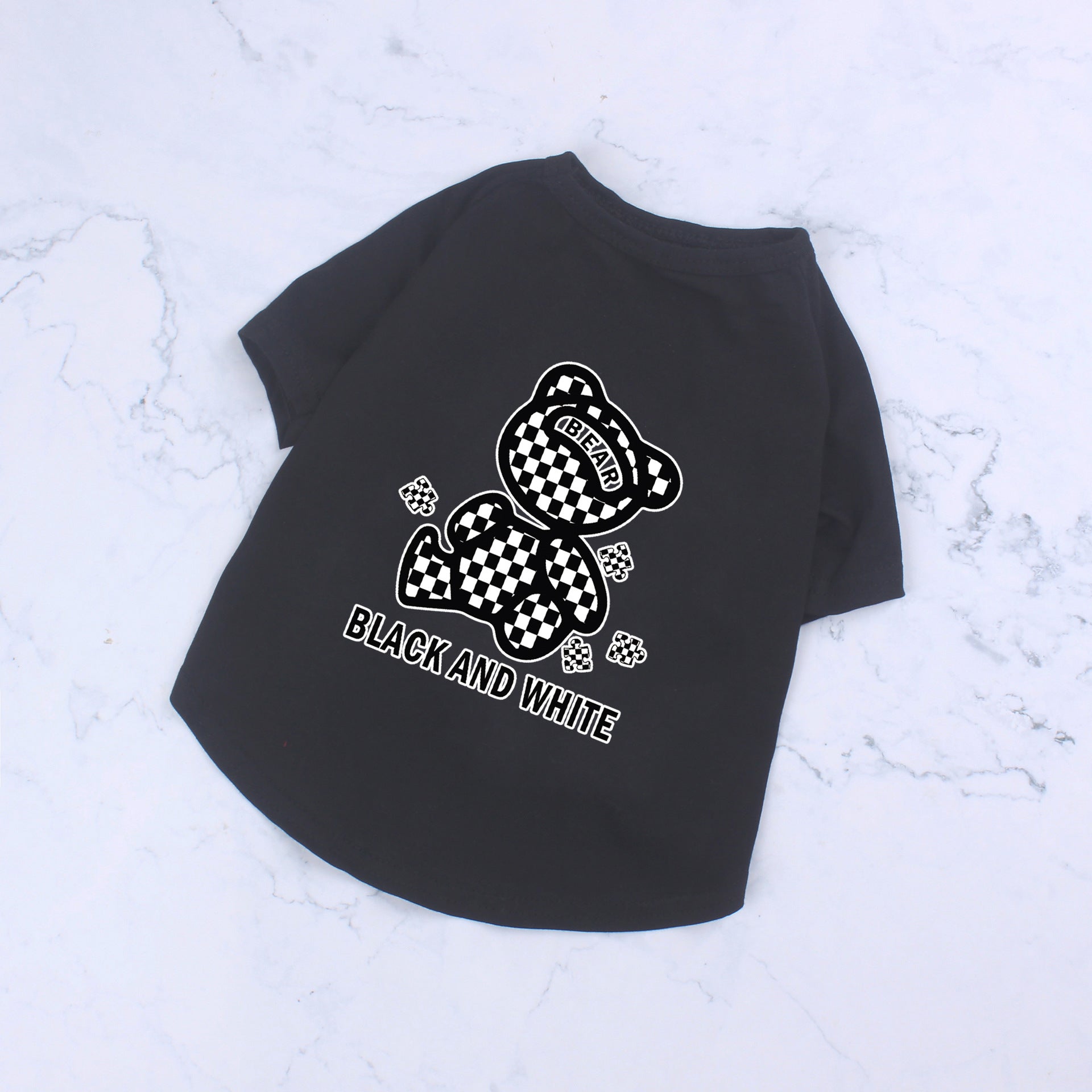 KFX-0994365 Cotton Short Sleeve T-Shirt with Black and White Plaid Bear Design