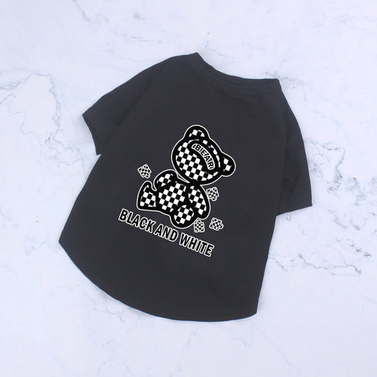 KFX-0994365 Cotton Short Sleeve T-Shirt with Black and White Plaid Bear Design
