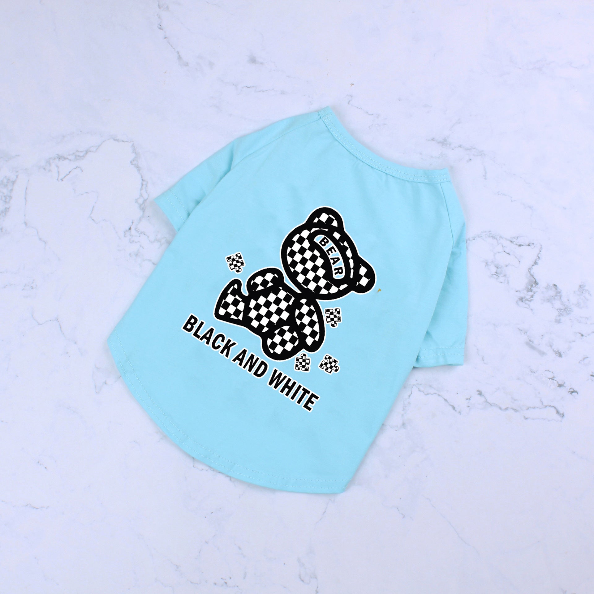KFX-0994365 Cotton Short Sleeve T-Shirt with Black and White Plaid Bear Design