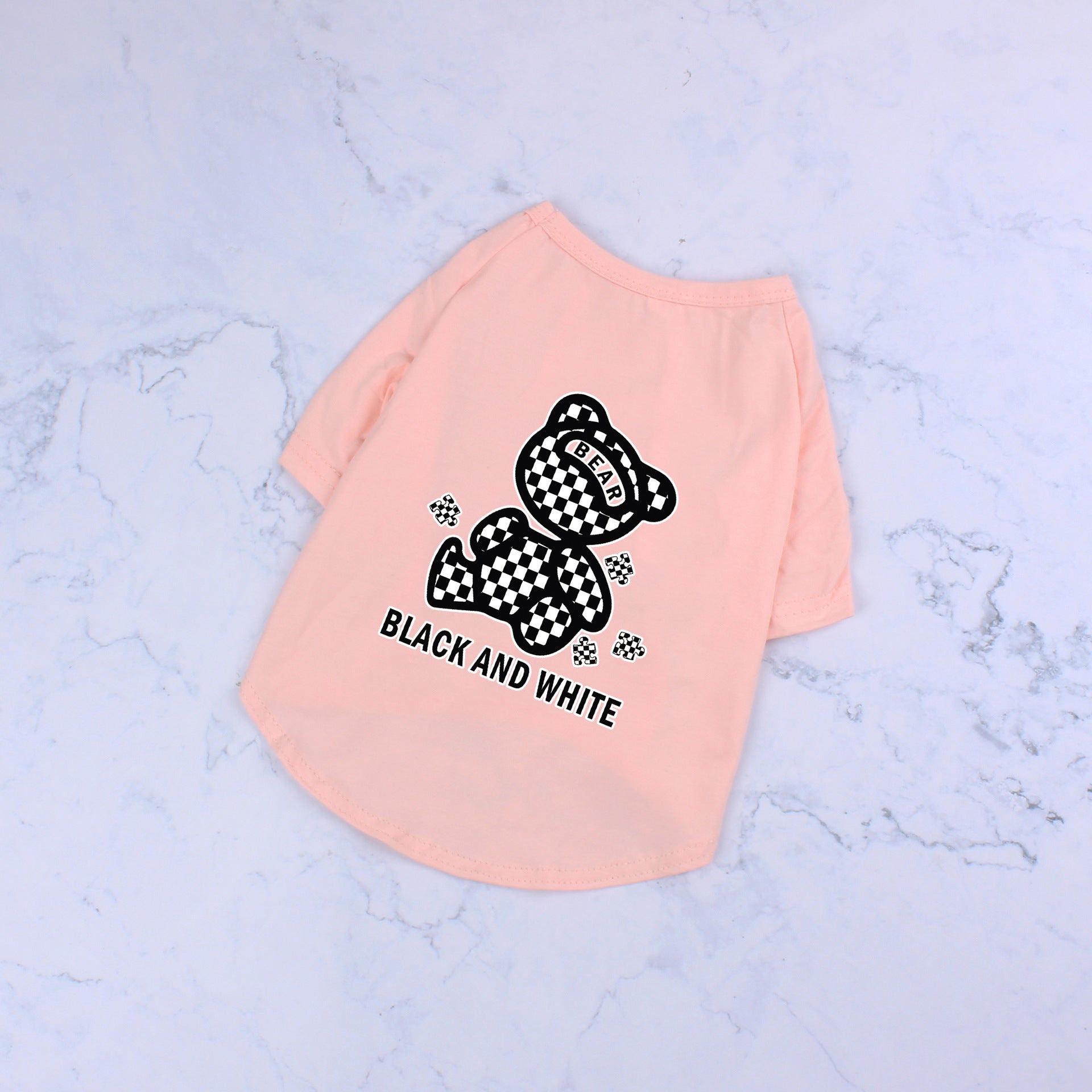 KFX-0994365 Cotton Short Sleeve T-Shirt with Black and White Plaid Bear Design