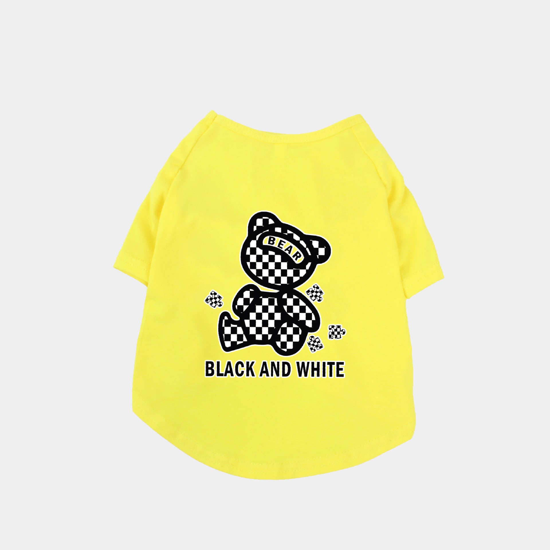 KFX-0994365 Cotton Short Sleeve T-Shirt with Black and White Plaid Bear Design