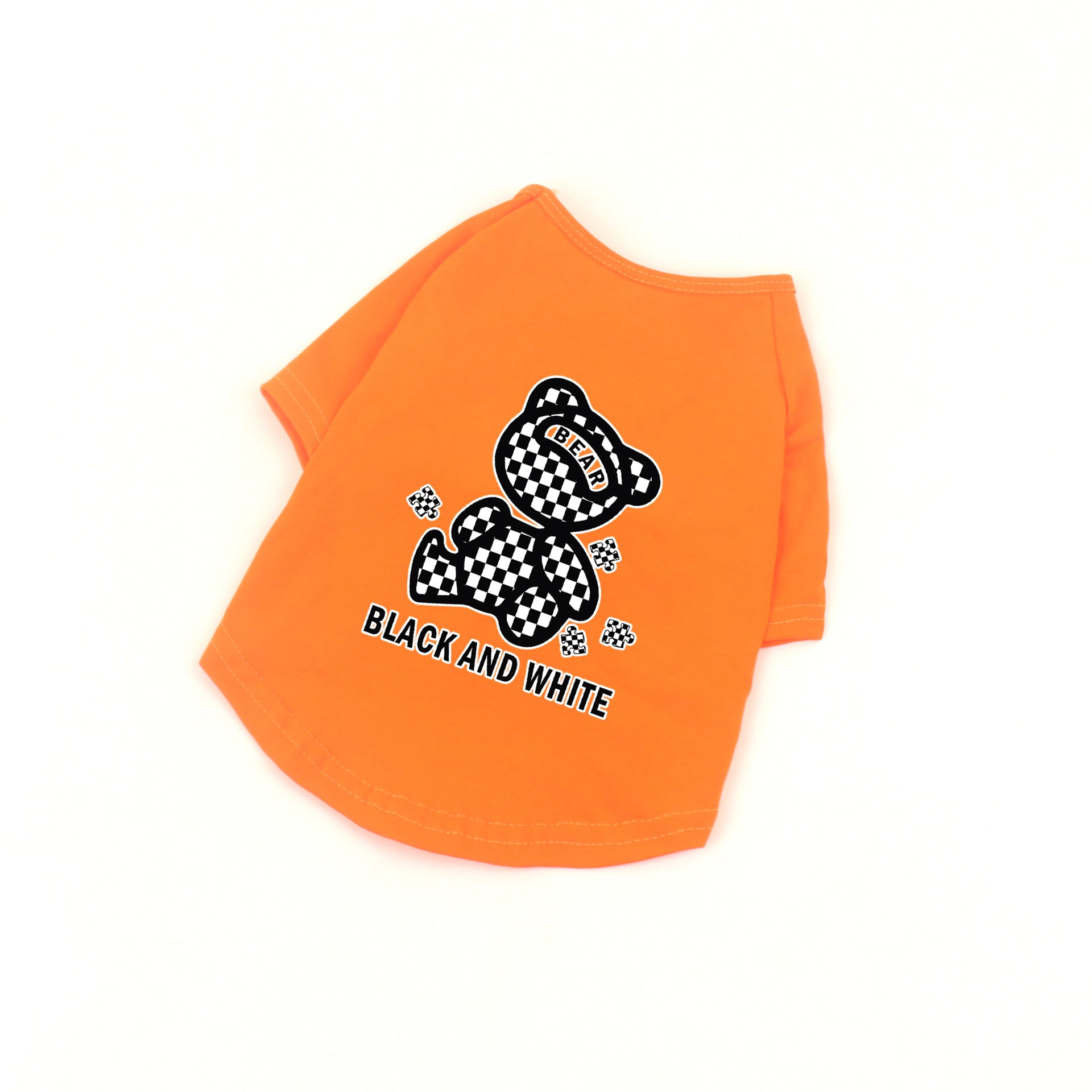 KFX-0994365 Cotton Short Sleeve T-Shirt with Black and White Plaid Bear Design