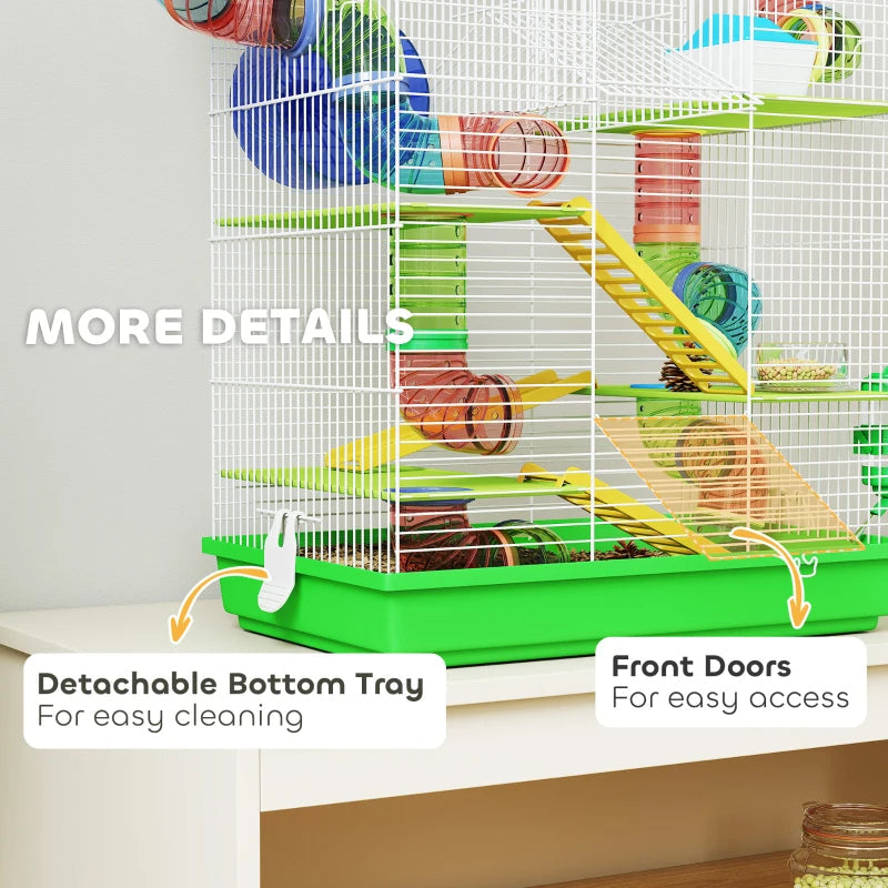 KFX-1003197 5-Tier Small Animal Cage with Tubes, Tunnels, Hut, Wheel, Food Bowl, and Water Bottle in Green