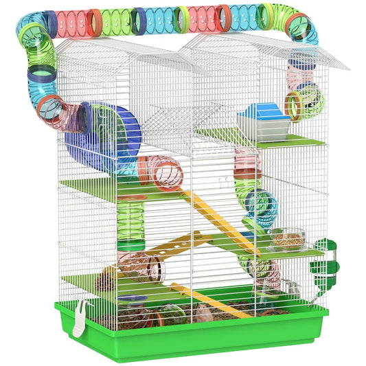 KFX-1003197 5-Tier Small Animal Cage with Tubes, Tunnels, Hut, Wheel, Food Bowl, and Water Bottle in Green