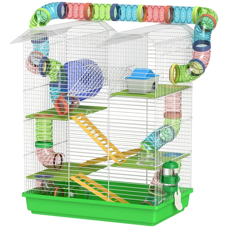 KFX-1003197 5-Tier Small Animal Cage with Tubes, Tunnels, Hut, Wheel, Food Bowl, and Water Bottle in Green