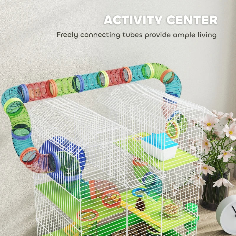 KFX-1003197 5-Tier Small Animal Cage with Tubes, Tunnels, Hut, Wheel, Food Bowl, and Water Bottle in Green