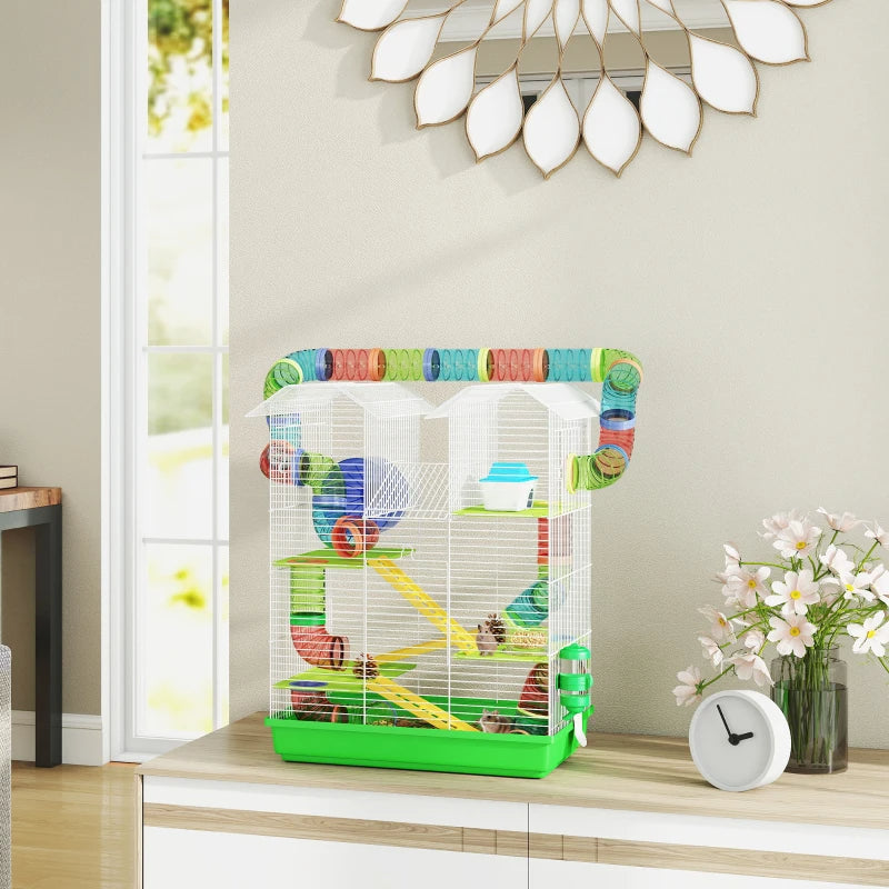 KFX-1003197 5-Tier Small Animal Cage with Tubes, Tunnels, Hut, Wheel, Food Bowl, and Water Bottle in Green