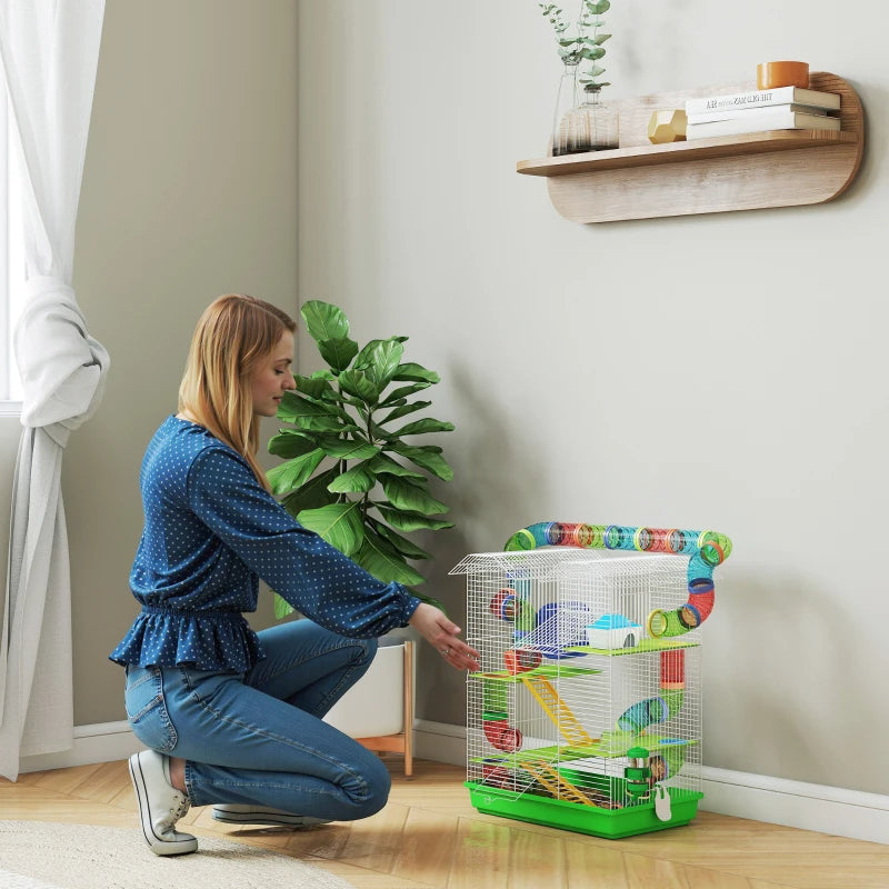 KFX-1003197 5-Tier Small Animal Cage with Tubes, Tunnels, Hut, Wheel, Food Bowl, and Water Bottle in Green