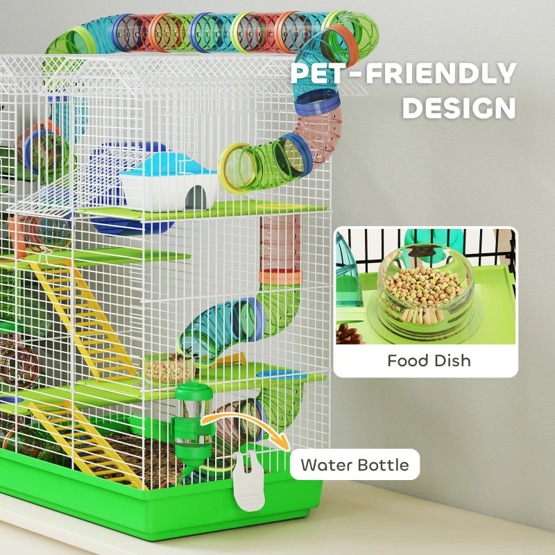 KFX-1003197 5-Tier Small Animal Cage with Tubes, Tunnels, Hut, Wheel, Food Bowl, and Water Bottle in Green