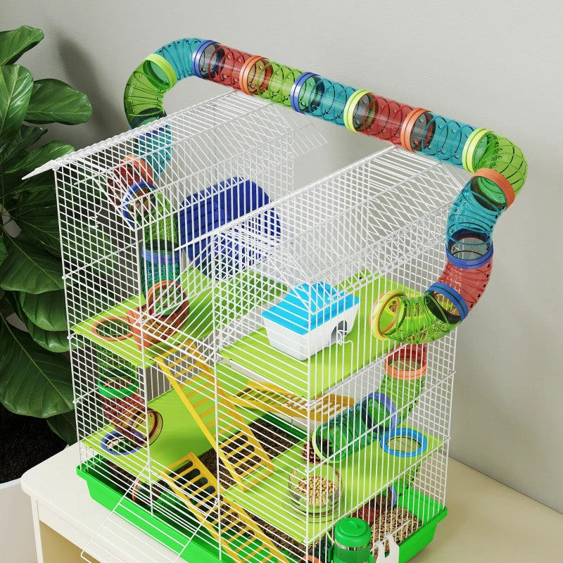 KFX-1003197 5-Tier Small Animal Cage with Tubes, Tunnels, Hut, Wheel, Food Bowl, and Water Bottle in Green