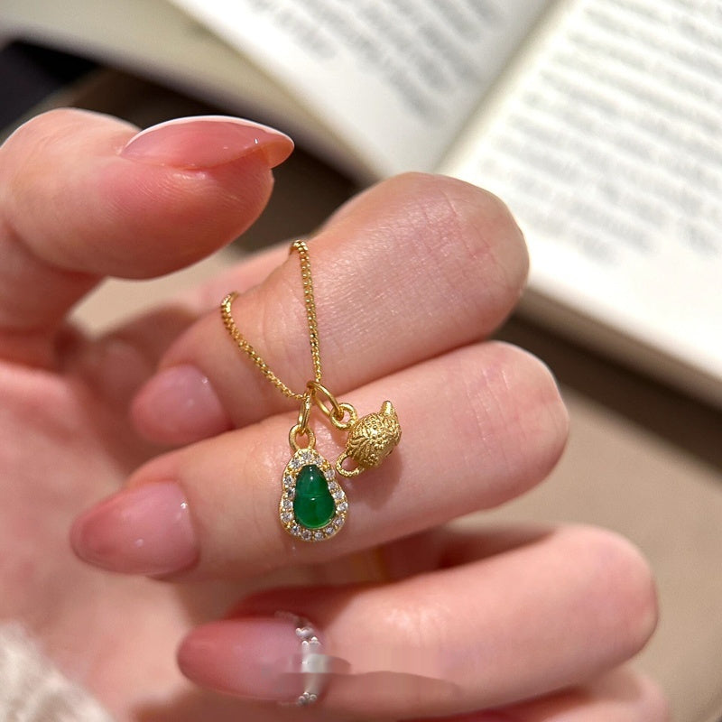 KFX-1007933 S925 Sterling Silver Natural Jadeite Green Gourd Pendant Necklace