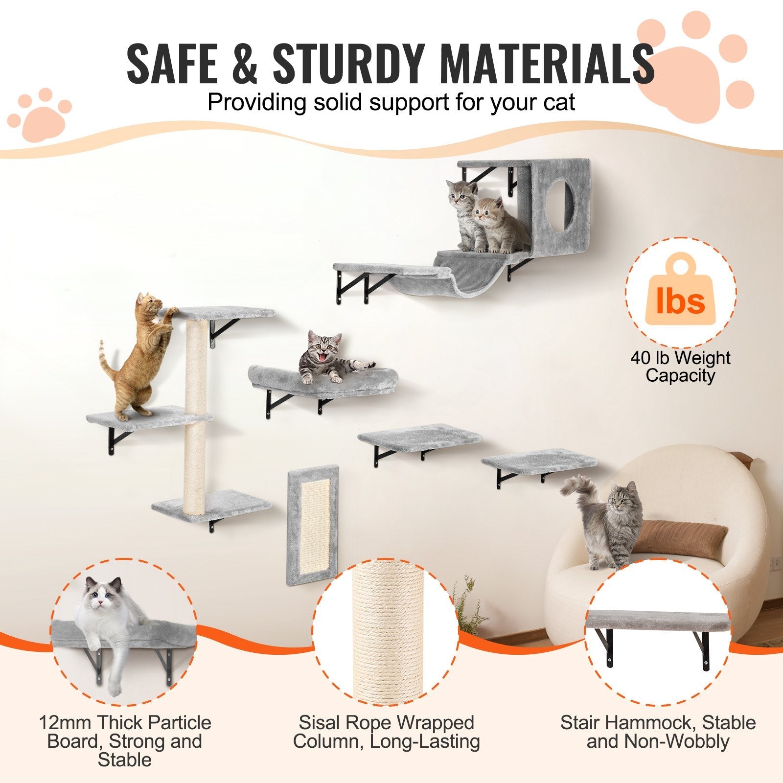 KFX-1011261 Wall Mounted Cat Shelves Set with Jumping Boards, Hammock, Sofa, Cat Tree, and Accessories for Climbing and Playing