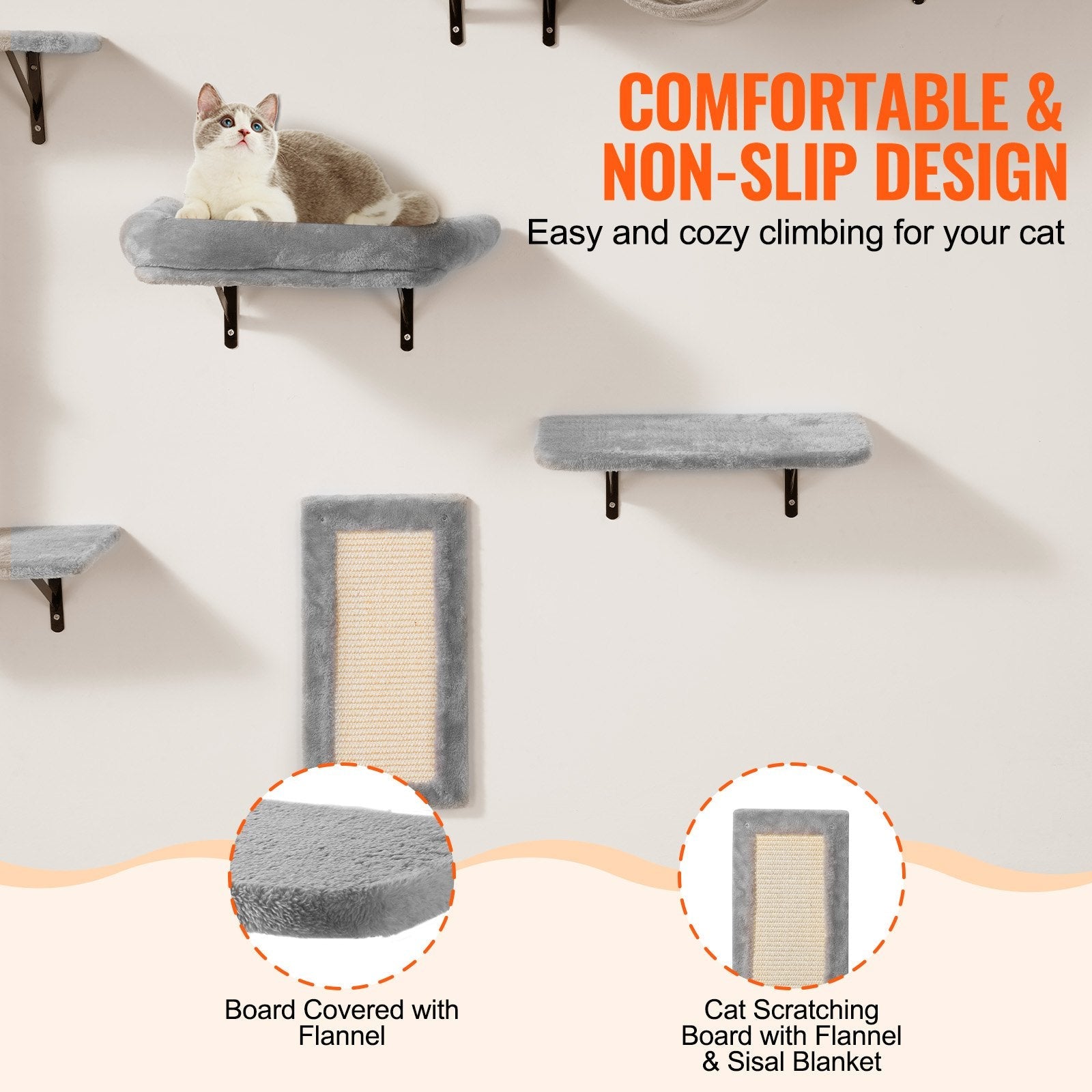 KFX-1011261 Wall Mounted Cat Shelves Set with Jumping Boards, Hammock, Sofa, Cat Tree, and Accessories for Climbing and Playing