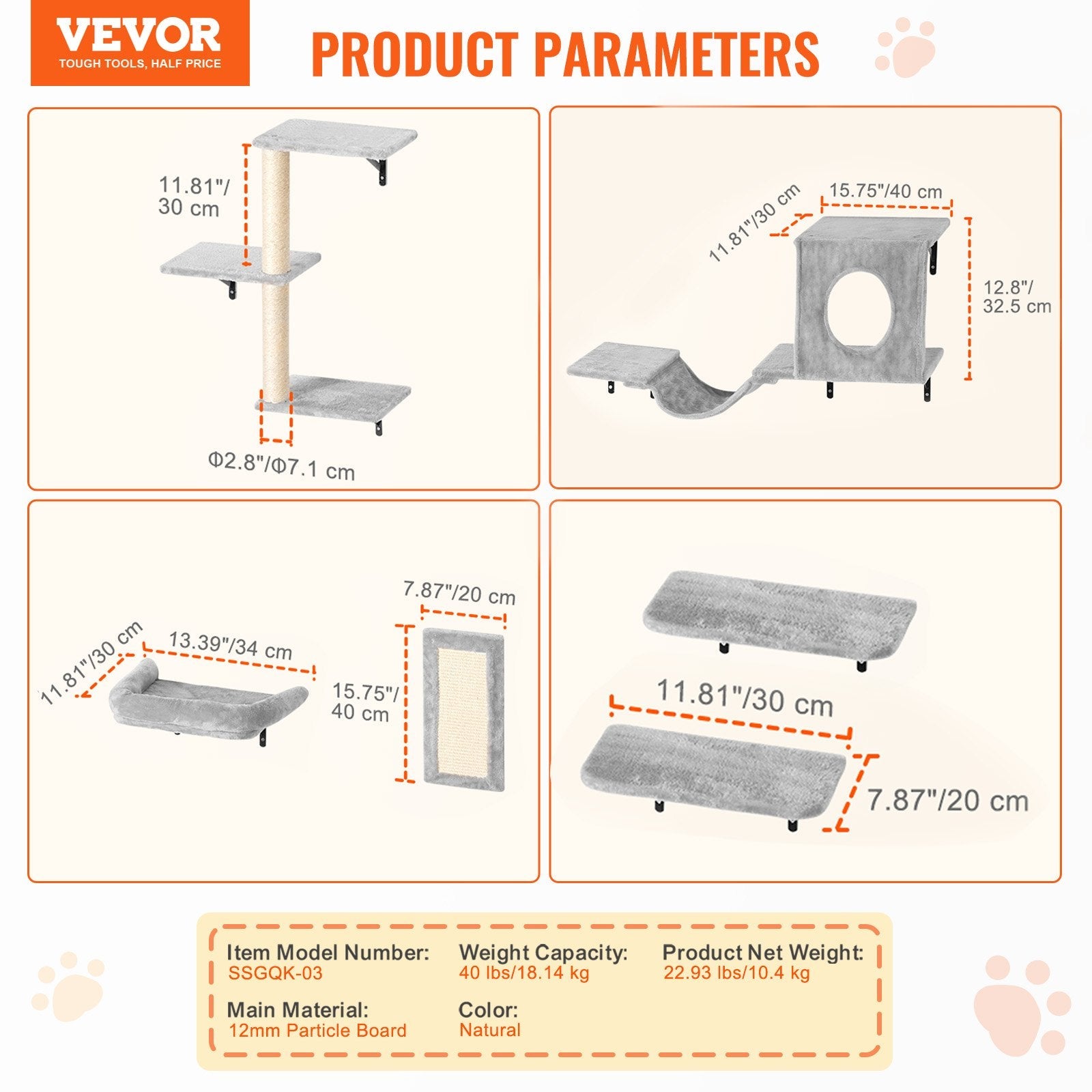 KFX-1011261 Wall Mounted Cat Shelves Set with Jumping Boards, Hammock, Sofa, Cat Tree, and Accessories for Climbing and Playing
