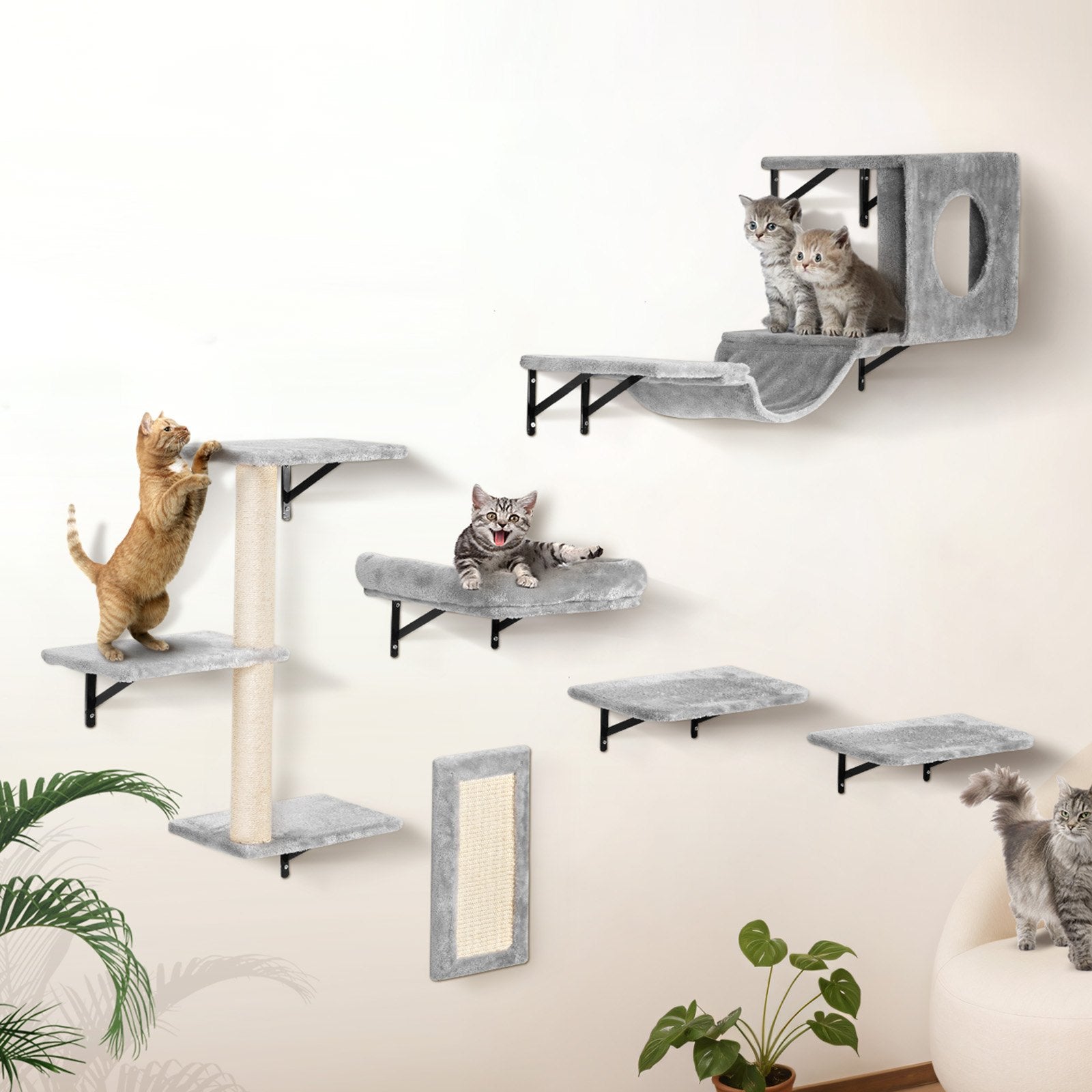 KFX-1011261 Wall Mounted Cat Shelves Set with Jumping Boards, Hammock, Sofa, Cat Tree, and Accessories for Climbing and Playing