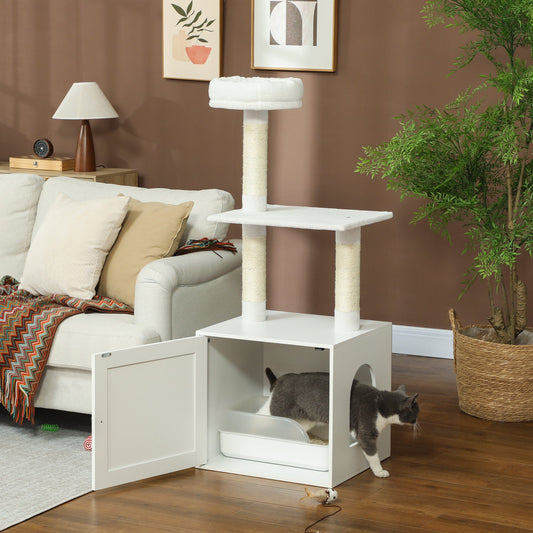 KFX-1014333 Cat Tree with Litter Box Enclosure, Climbing Platforms, Scratching Posts, and Bed in White
