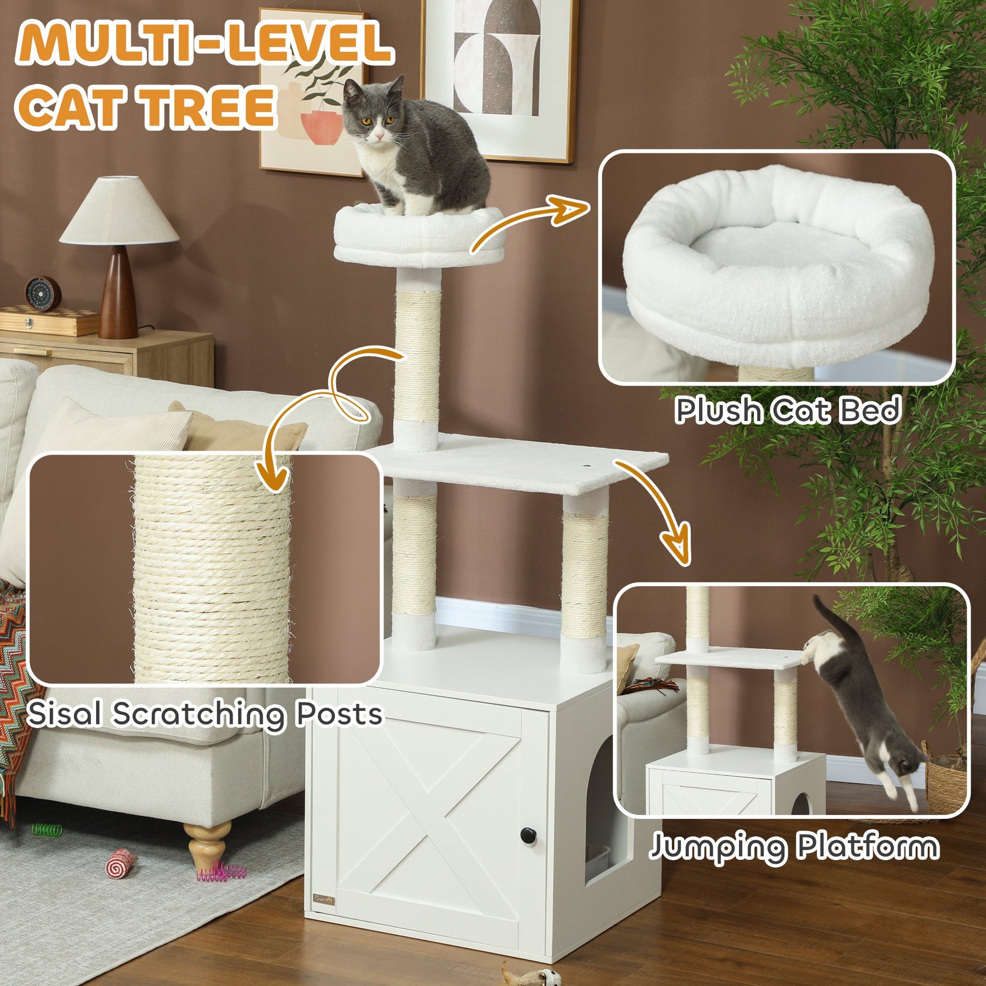 KFX-1014333 Cat Tree with Litter Box Enclosure, Climbing Platforms, Scratching Posts, and Bed in White