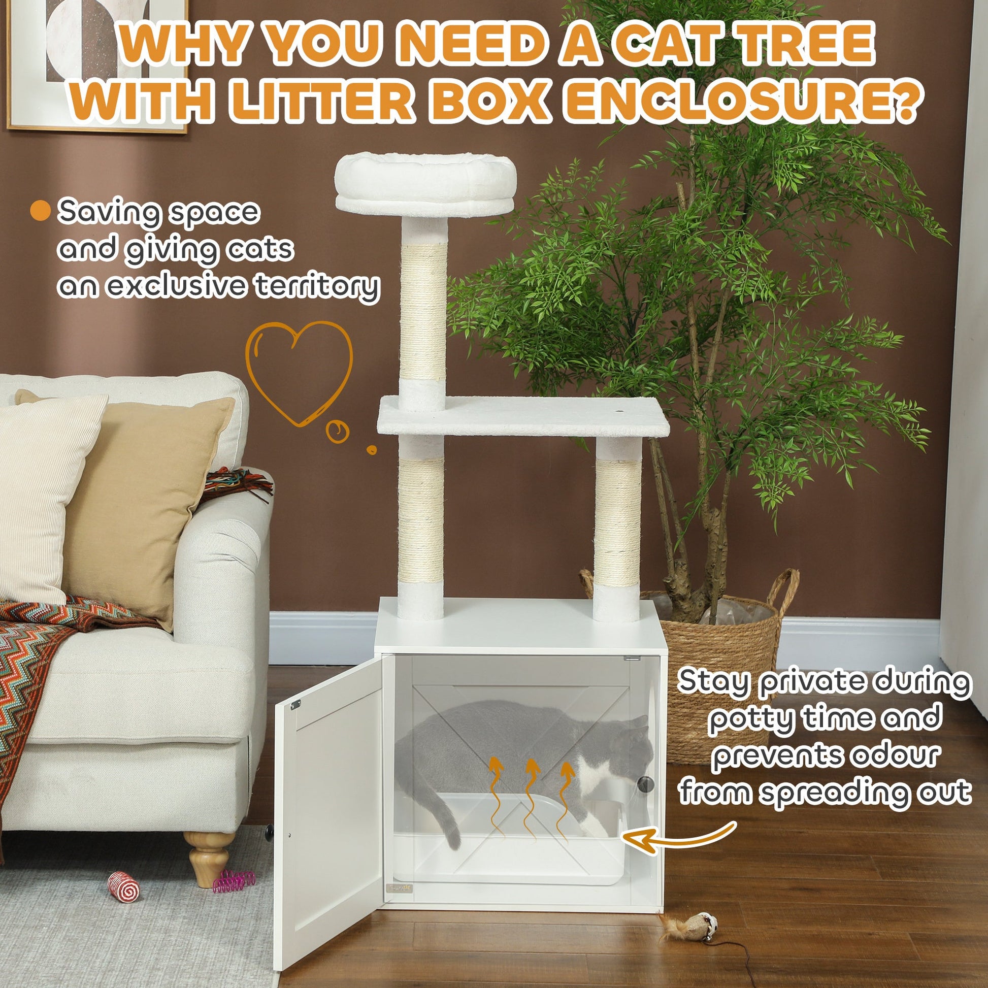 KFX-1014333 Cat Tree with Litter Box Enclosure, Climbing Platforms, Scratching Posts, and Bed in White