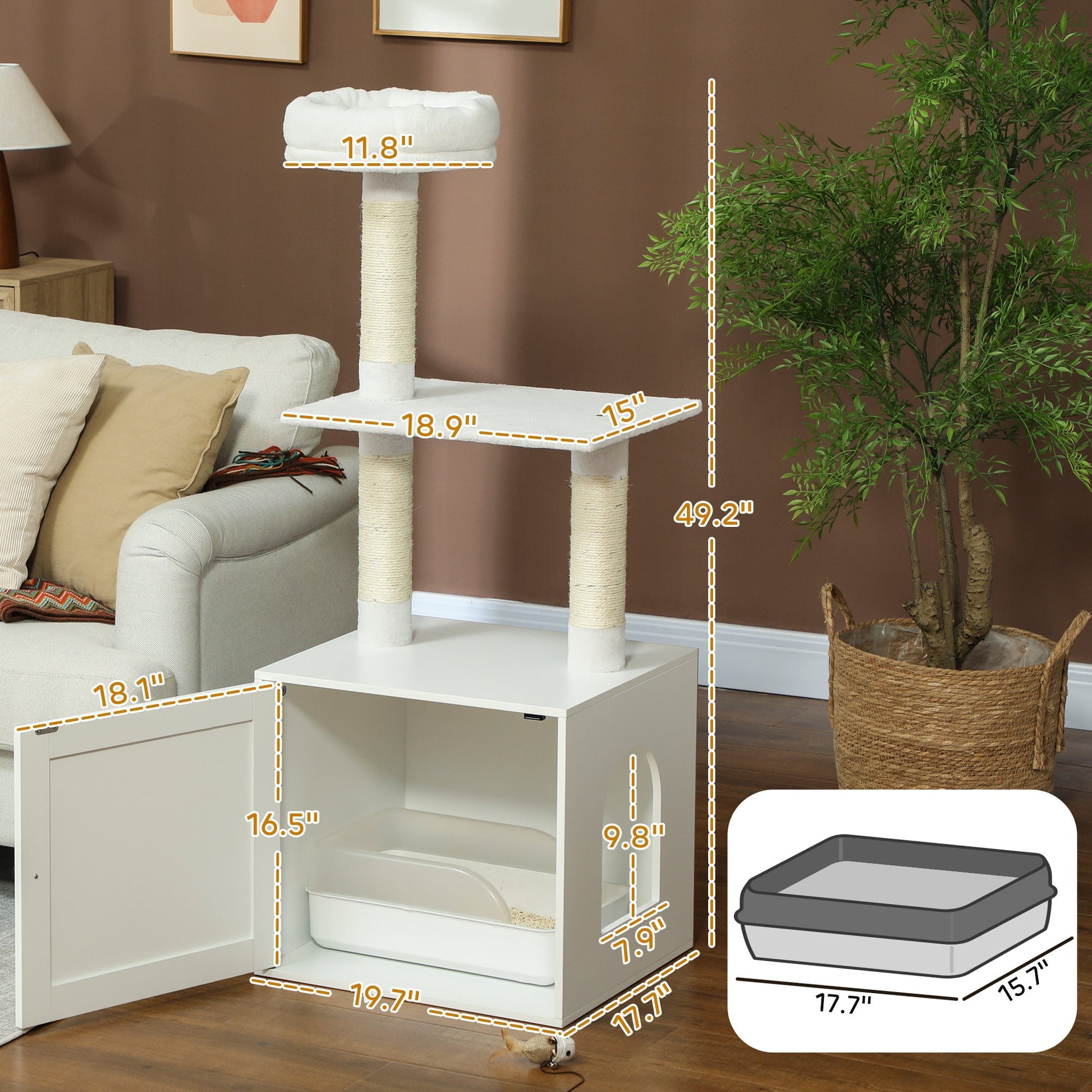 KFX-1014333 Cat Tree with Litter Box Enclosure, Climbing Platforms, Scratching Posts, and Bed in White
