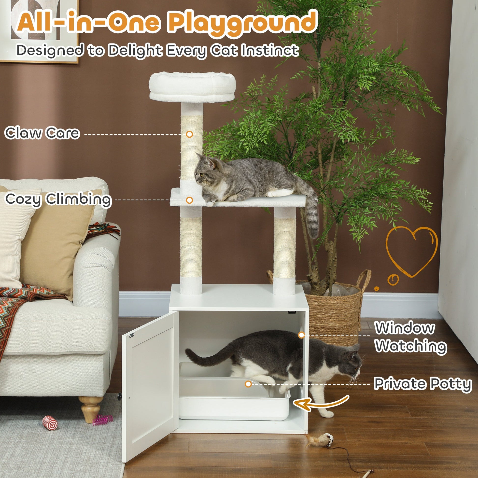 KFX-1014333 Cat Tree with Litter Box Enclosure, Climbing Platforms, Scratching Posts, and Bed in White