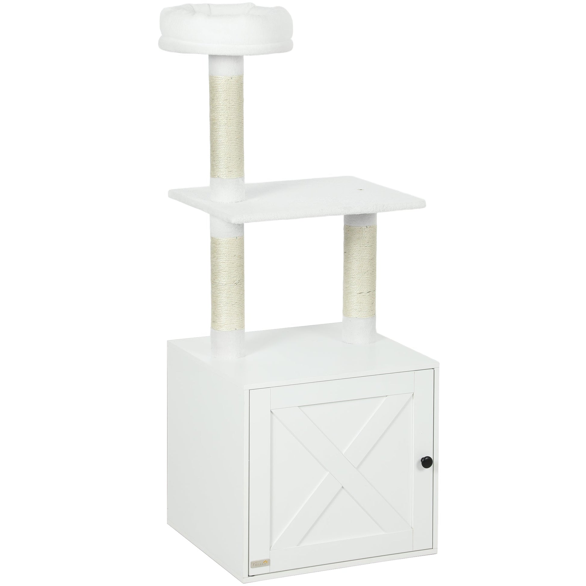 KFX-1014333 Cat Tree with Litter Box Enclosure, Climbing Platforms, Scratching Posts, and Bed in White