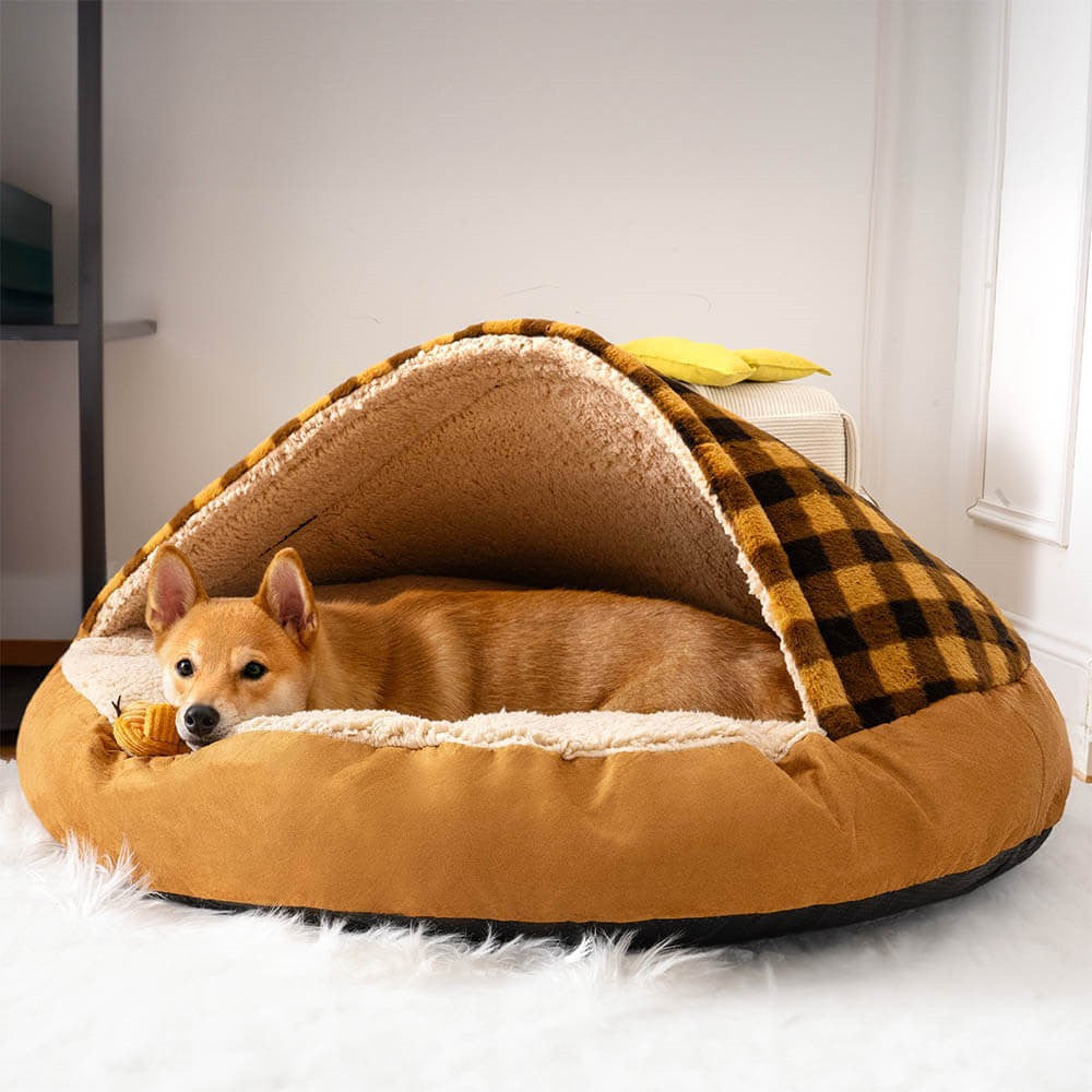 KFX-1026621 Plush Dog Nest Bed in Brown, Blue, Gray, Pink Plaids for Comfortable Sleeping