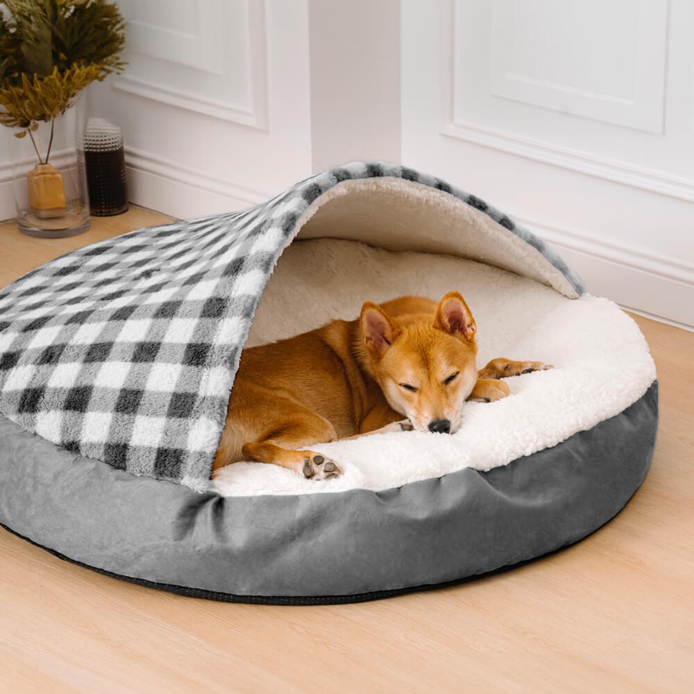 KFX-1026621 Plush Dog Nest Bed in Brown, Blue, Gray, Pink Plaids for Comfortable Sleeping