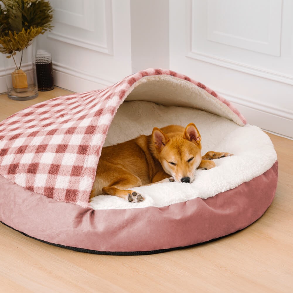 KFX-1026621 Plush Dog Nest Bed in Brown, Blue, Gray, Pink Plaids for Comfortable Sleeping