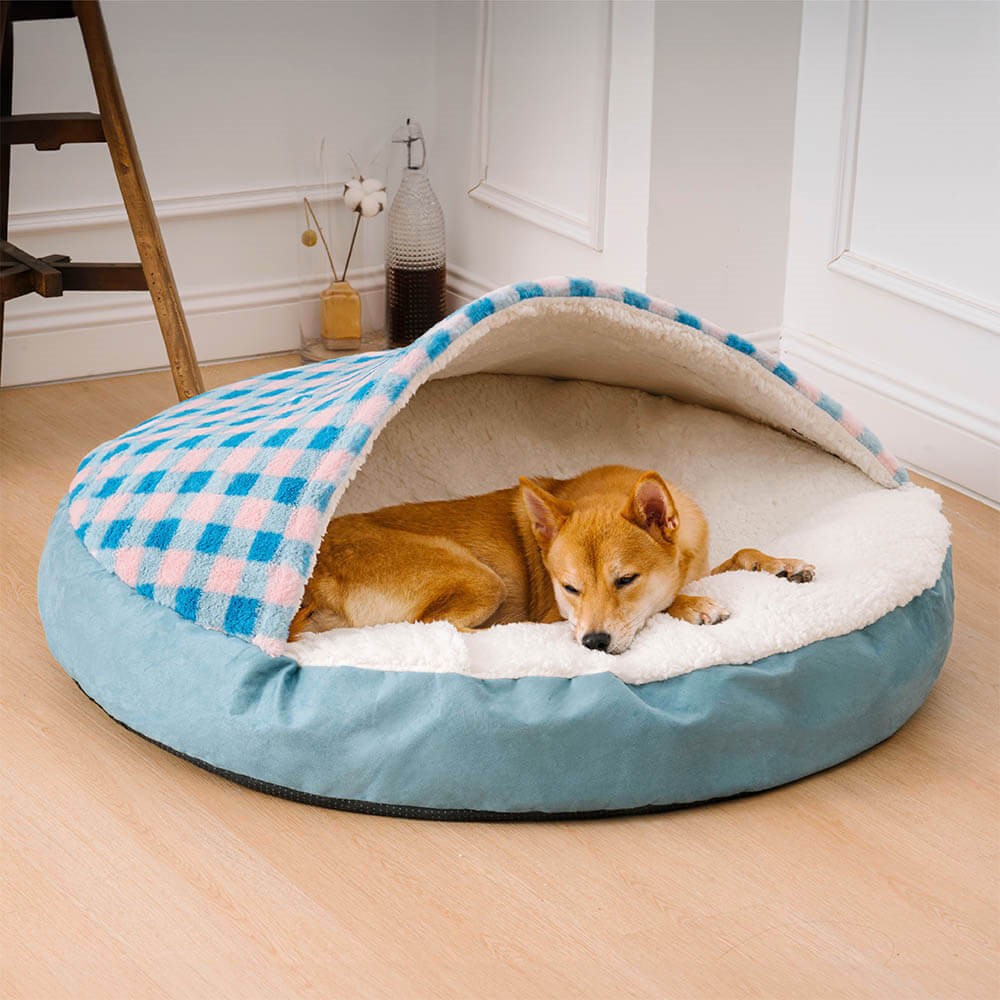 KFX-1026621 Plush Dog Nest Bed in Brown, Blue, Gray, Pink Plaids for Comfortable Sleeping