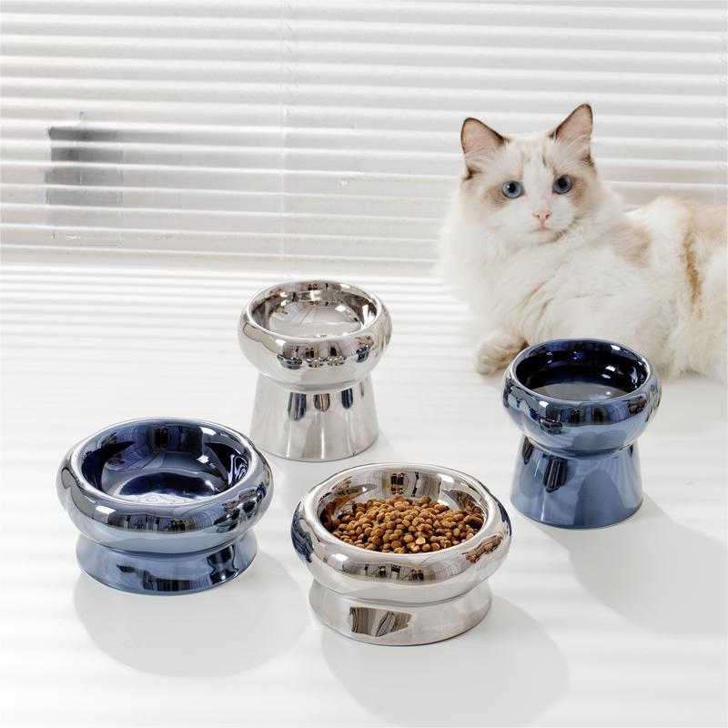 KFX-1026749 Tip-Proof Electroplated Ceramic Cat Bowl for Stable Feeding