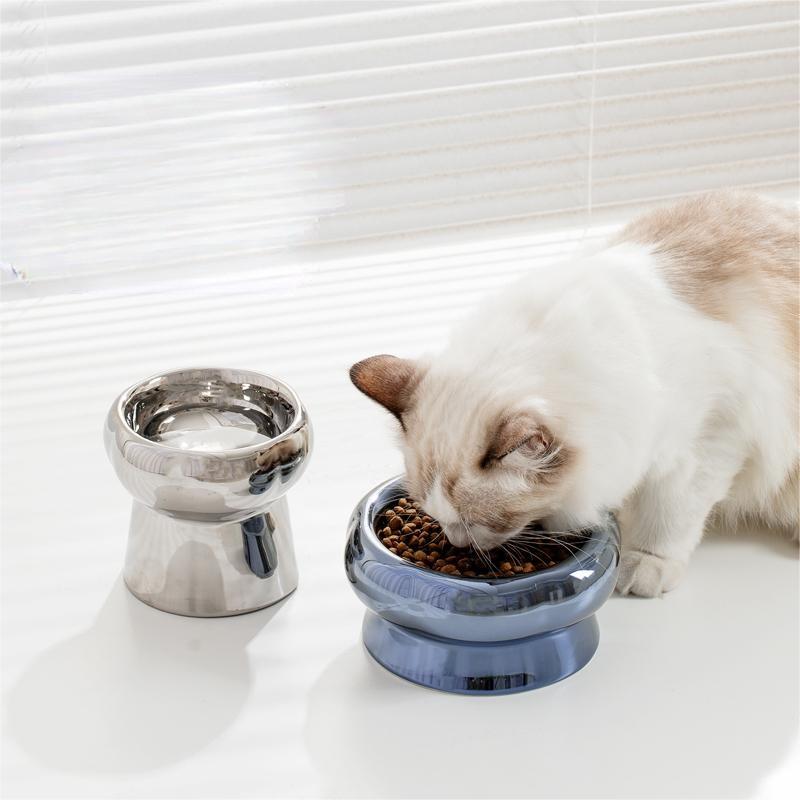 KFX-1026749 Tip-Proof Electroplated Ceramic Cat Bowl for Stable Feeding