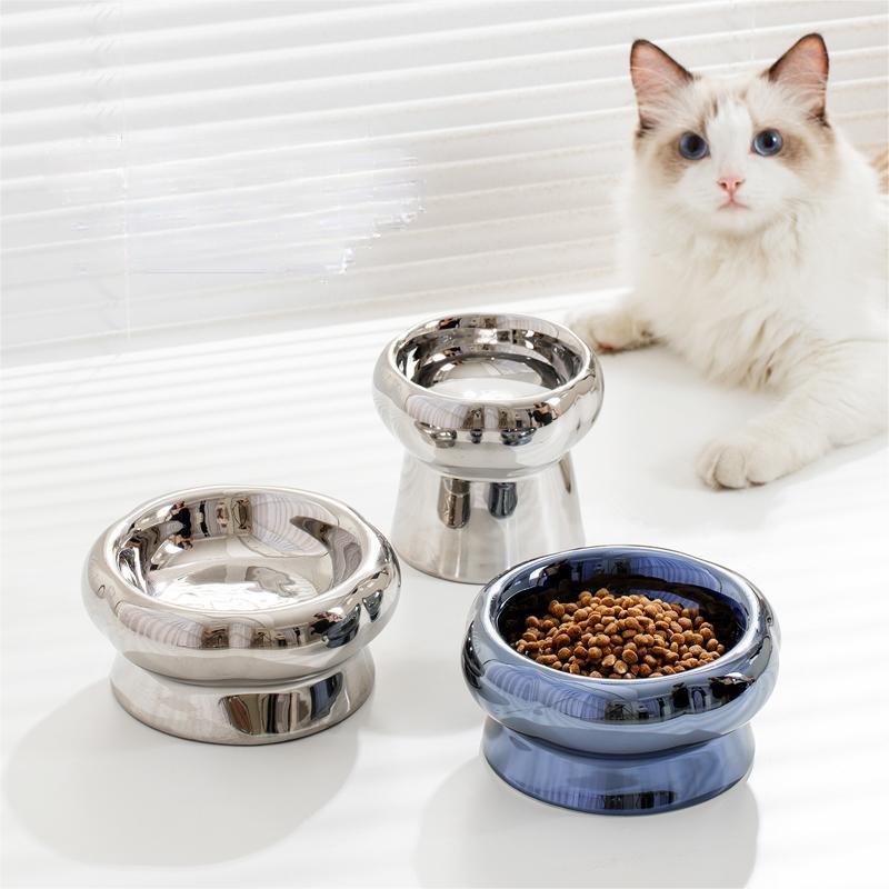 KFX-1026749 Tip-Proof Electroplated Ceramic Cat Bowl for Stable Feeding