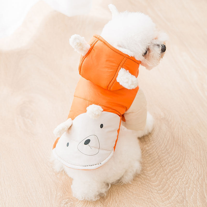 KFX-1027133 Two-Legged Thick Cotton Padded Jacket in Orange Bear Design for Small Pets