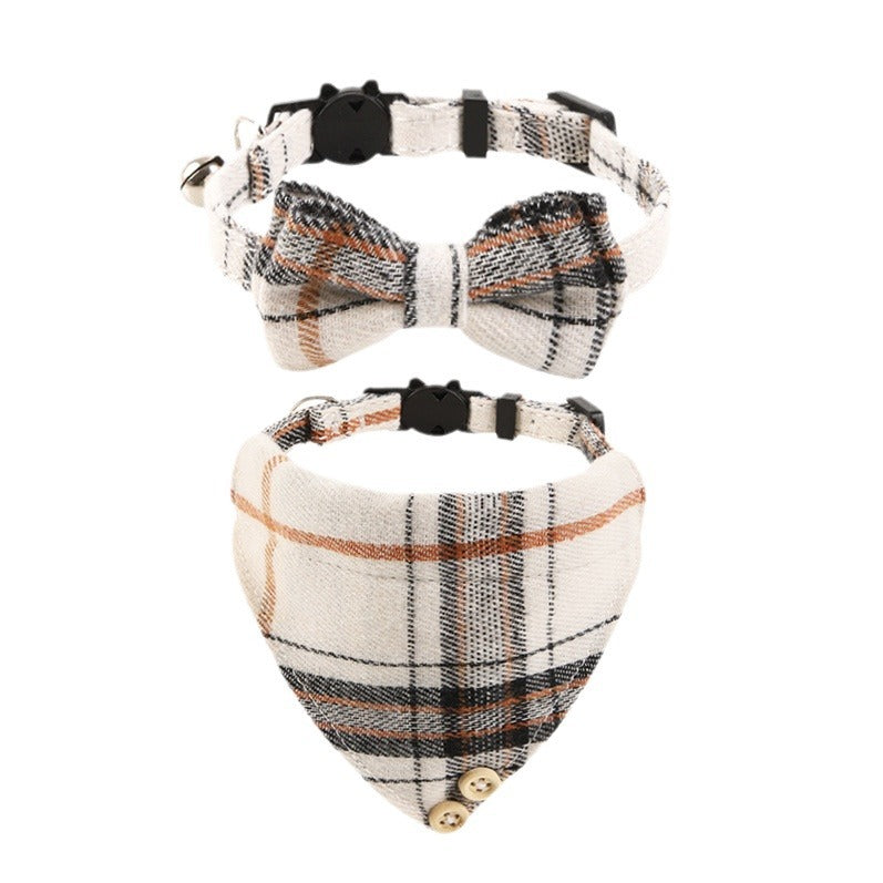 KFX-1034301 Plaid Bow Cat Collar with Bell - Adjustable Fabric and Triangular Scarf, Multiple Color Options