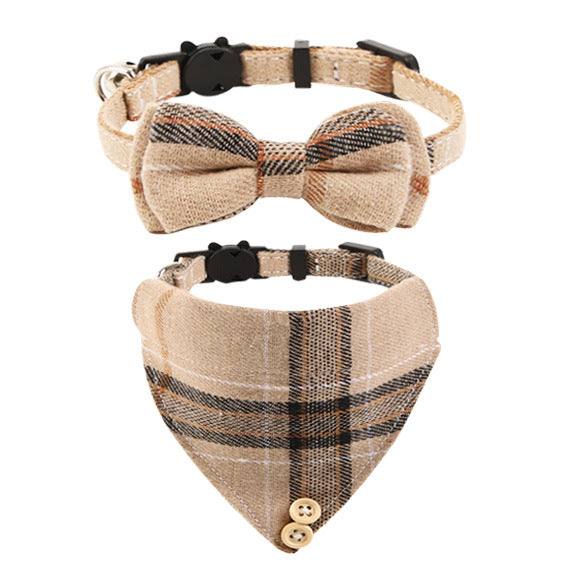 KFX-1034301 Plaid Bow Cat Collar with Bell - Adjustable Fabric and Triangular Scarf, Multiple Color Options