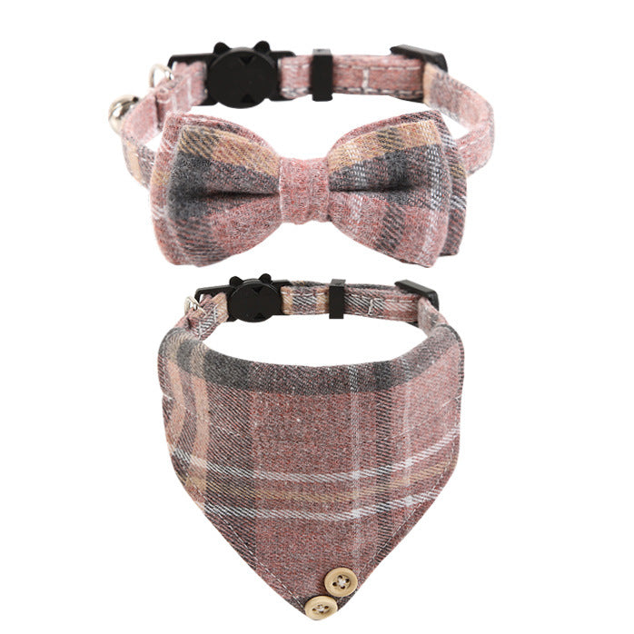 KFX-1034301 Plaid Bow Cat Collar with Bell - Adjustable Fabric and Triangular Scarf, Multiple Color Options