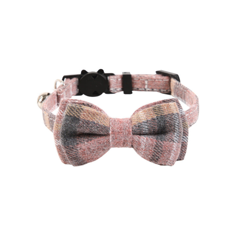 KFX-1034301 Plaid Bow Cat Collar with Bell - Adjustable Fabric and Triangular Scarf, Multiple Color Options