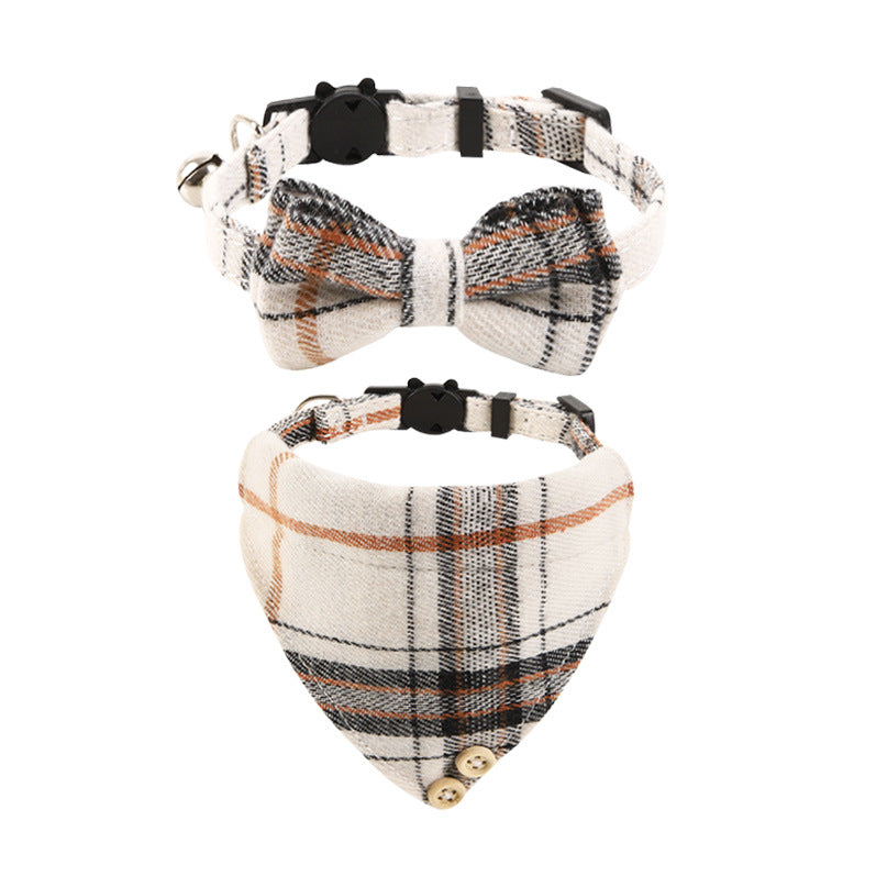KFX-1034301 Plaid Bow Cat Collar with Bell - Adjustable Fabric and Triangular Scarf, Multiple Color Options