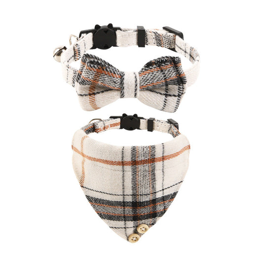 KFX-1034301 Plaid Bow Cat Collar with Bell - Adjustable Fabric and Triangular Scarf, Multiple Color Options