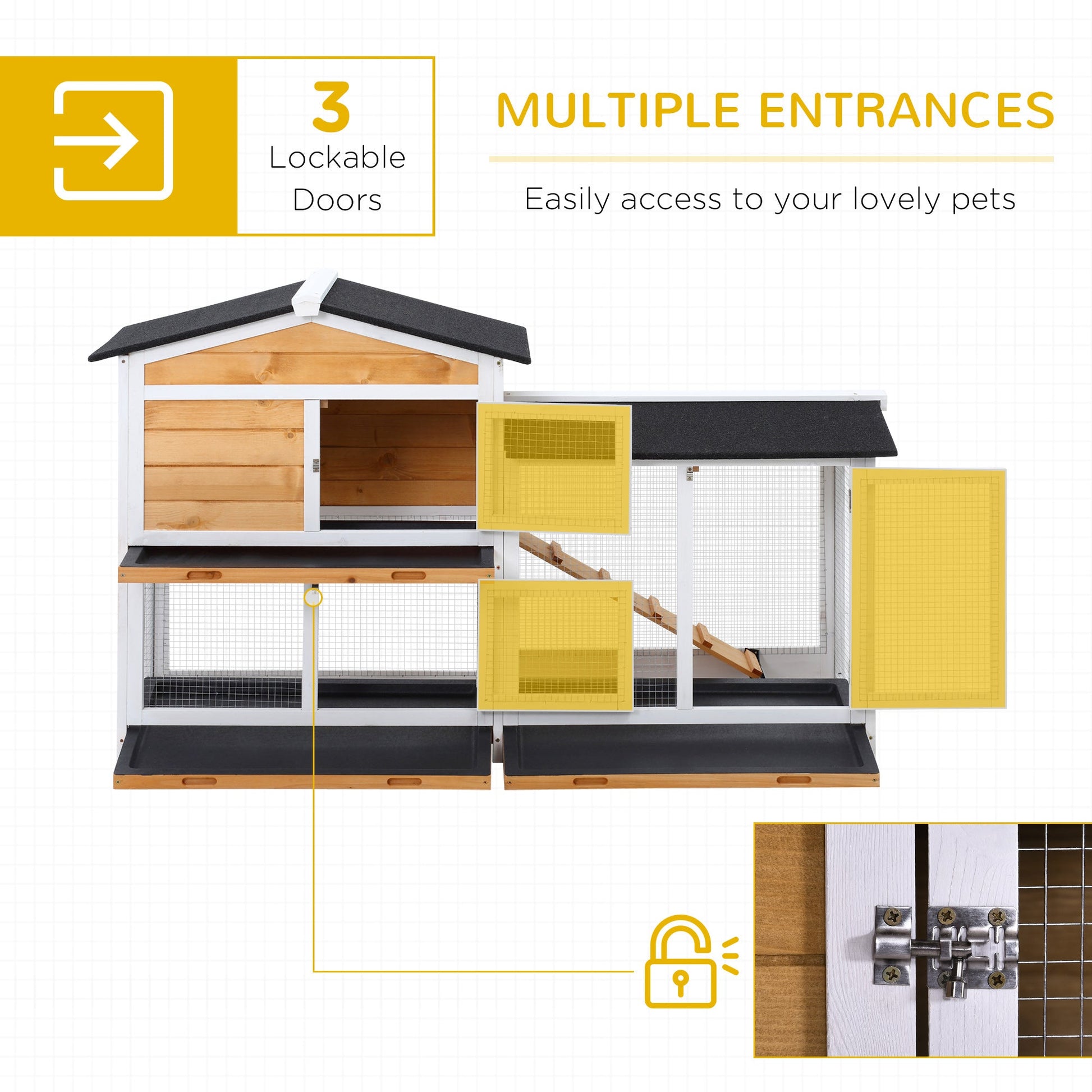 KFX-1035965 Wooden Rabbit Hutch for Small Animals with Run Area, Removable Tray, Lockable Doors, and Asphalt Roof