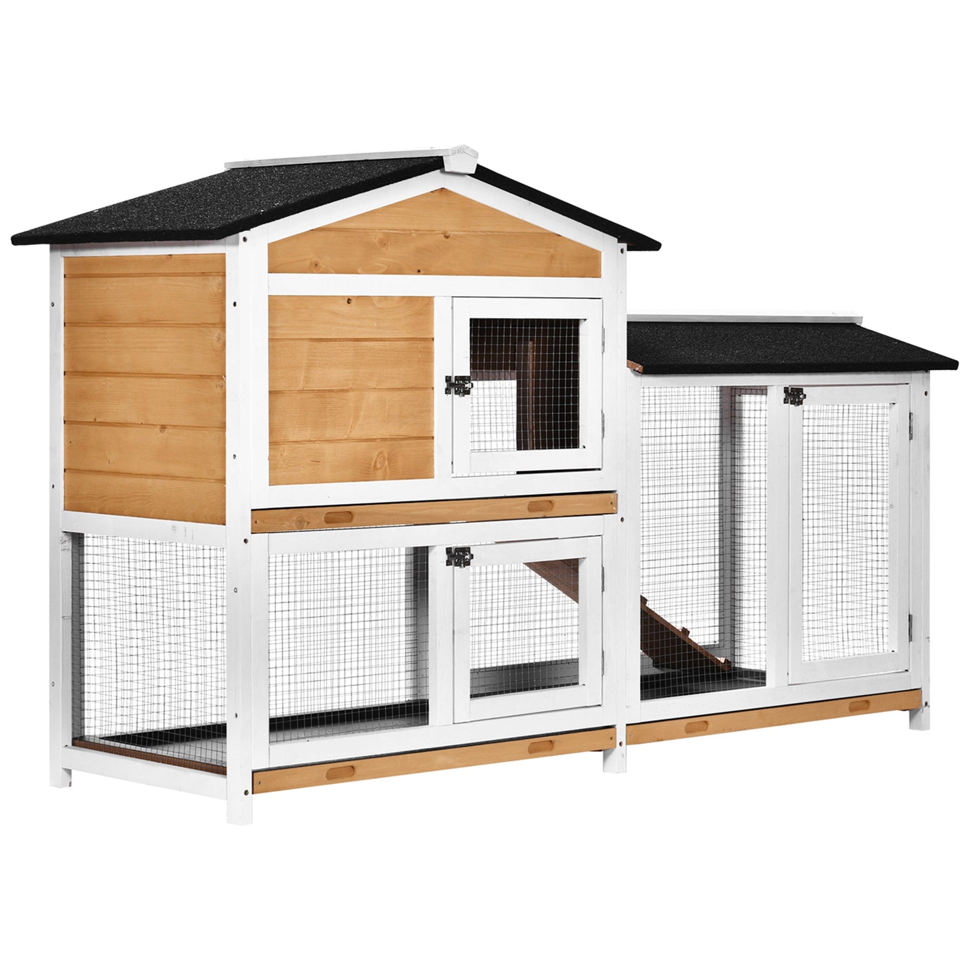 KFX-1035965 Wooden Rabbit Hutch for Small Animals with Run Area, Removable Tray, Lockable Doors, and Asphalt Roof