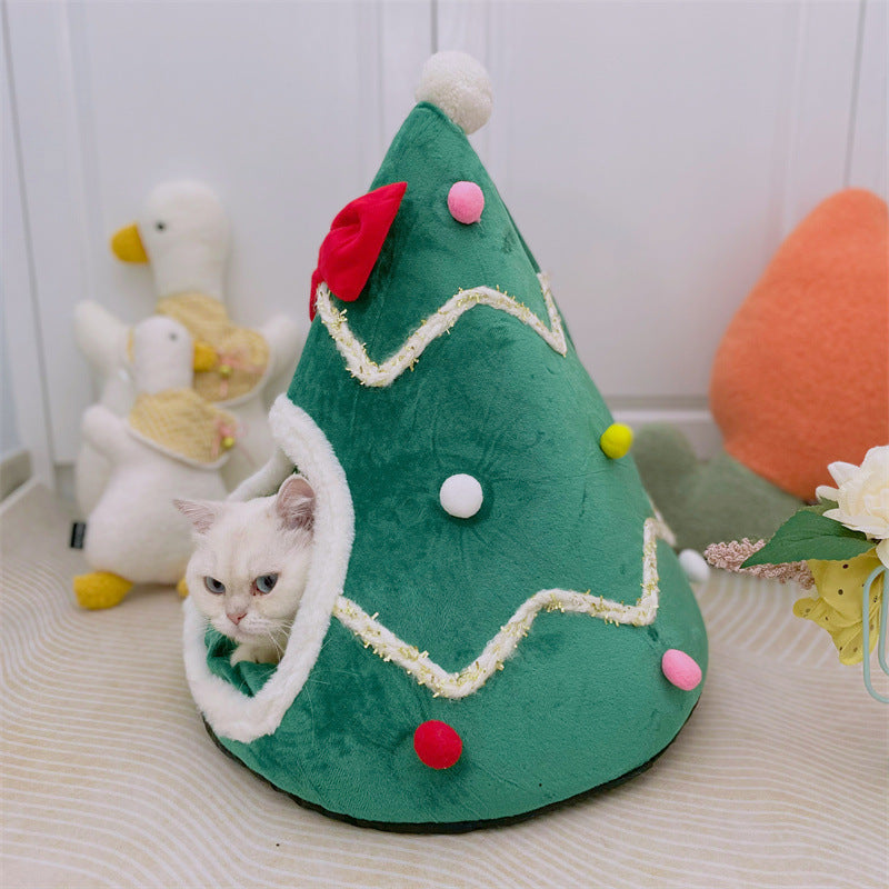 KFX-1036349 Cozy Christmas Tree Pet Cave Bed for Dogs and Cats with Removable Cushion