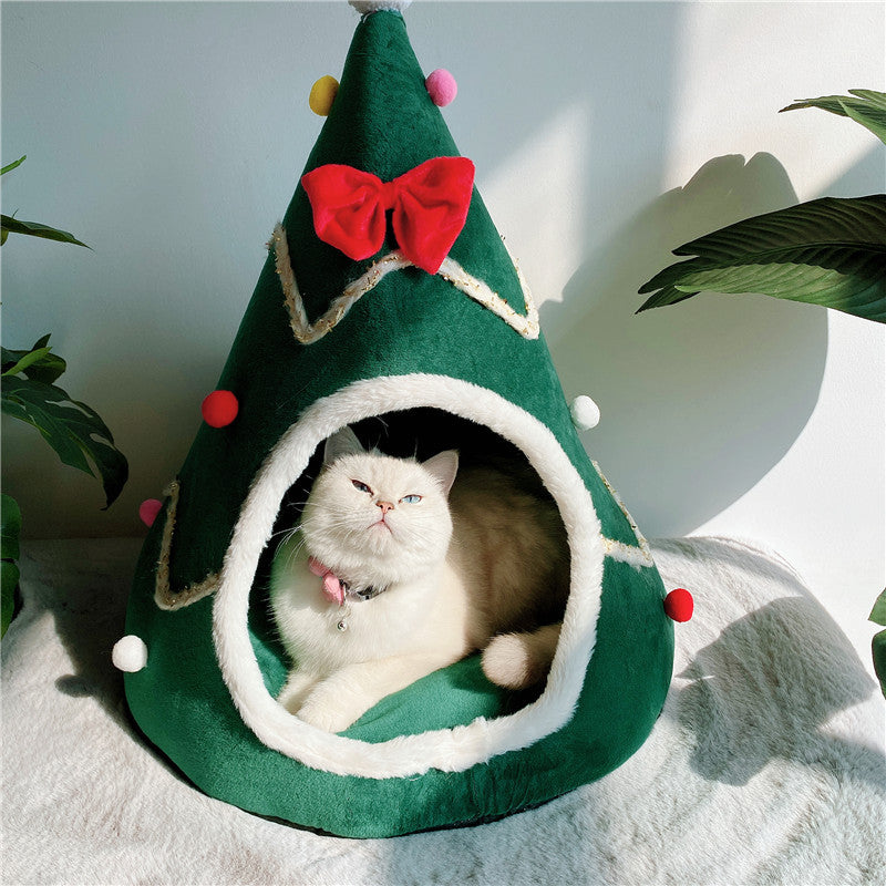 KFX-1036349 Cozy Christmas Tree Pet Cave Bed for Dogs and Cats with Removable Cushion